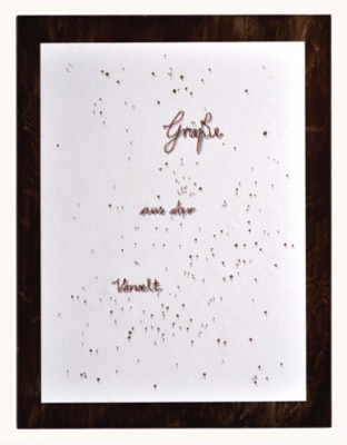  “Grüße”, (Regards), mixed media, paper, metal, 30 x 40 cm 